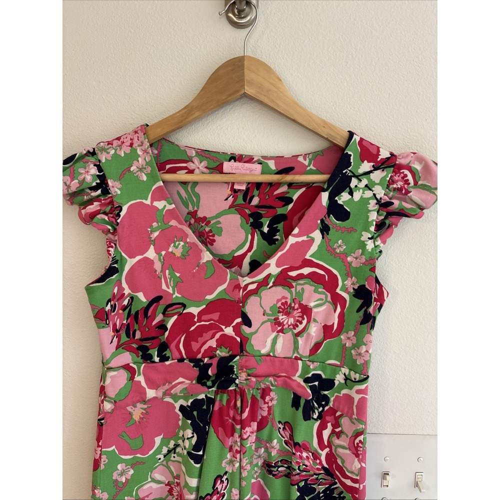 Lilly Pulitzer Silk Blend Knit Dress Womens Small Pink Floral V-Neck Empire